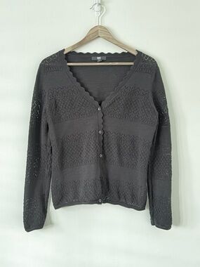 Frye Black V-Neck pointelle knit cardigan with scalloped trim M